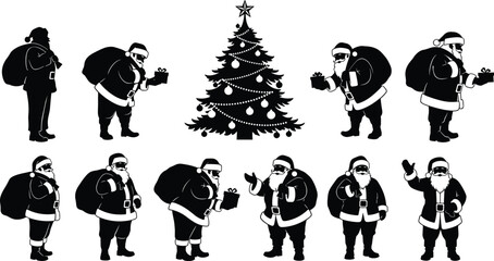 Santa, Claus, silhouette, Christmas, tree, gift, sack, ornament, star, festive, holiday, vector, black, pose, celebration, seasonal, tradition, decoration, joy, flavector