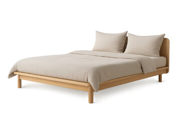 Modern wooden bed with beige duvet and pillows isolated on transparent background