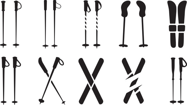 Set of ten black silhouette ski poles and skis in various arrangements and styles on a white background