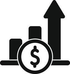Increasing bar graph showing growing money investment with dollar coin and up arrow