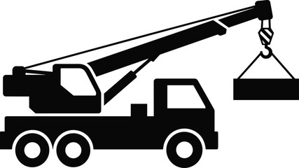 Mobile, crane, truck, lifting, load, silhouette, hook, cable, boom, wheels, vector, black, pose, construction, logistics, transport, elevation, equipment, infrastructure, flavector © merajul