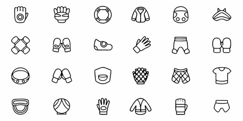 Line drawing of various sports equipment including gloves pads and protective gear in a grid pattern