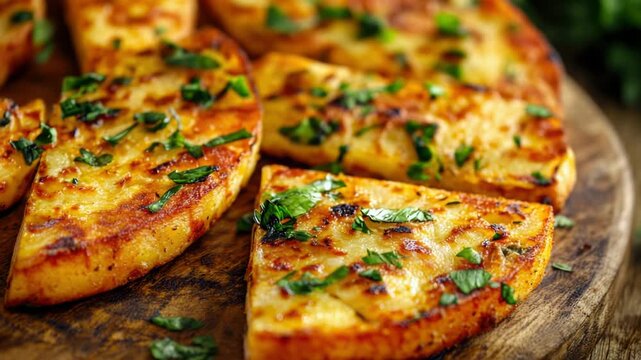 Video A wooden cutting board topped with slices of pizza, perfect for snacking or serving