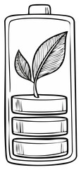 Ecological Battery Concept Drawing Featuring a Sprout and Low Energy Level