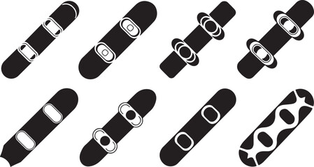Snowboards with bindings in various styles and patterns on a white background (45) silhouette