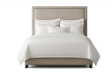 Upholstered bed with white bedding, cozy and isolated on transparent background.