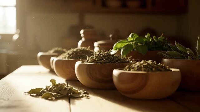 Bowls of spices and herbs on a rustic wooden kitchen table