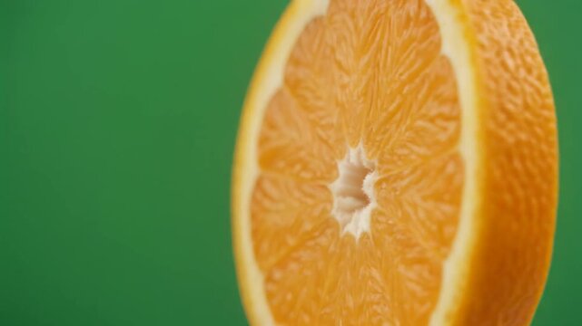 Close-up of a vibrant, juicy orange half against a green background