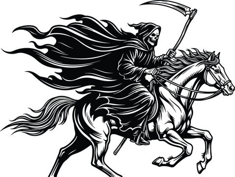 Grim Reaper riding horse vector illustration of death, skeleton with scythe, dark fantasy horror art for Halloween and gothic themes