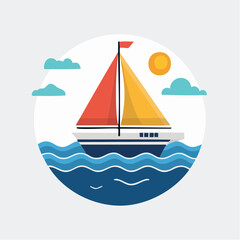 Fototapeta premium Flat Design Sailboat Navigating Blue Wavy Ocean Under Bright Sunny Sky with Fluffy Clouds