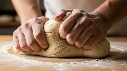 Closeup of bakers hands kneading fresh dough sprinkled with flour on a wooden surface