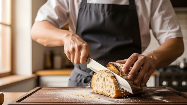 Chef in apron slicing rustic whole grain bread loaf on wooden cutting board in kitchen