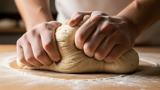 Closeup of bakers hands kneading fresh dough sprinkled with flour on a wooden surface