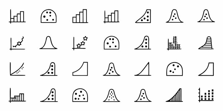 Collection of various black and white graphs and charts including bar graphs and curve graphs in rows and columns