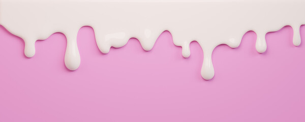 White ice cream melt with glossy drips on a pink ice cream background for dessert designs or summer graphics. Liquid flows down in curved streams. 3d rendering  © Hannet