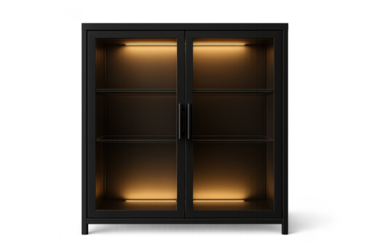 Stylish black display cabinet with warm LED lighting, isolated on clear background.
