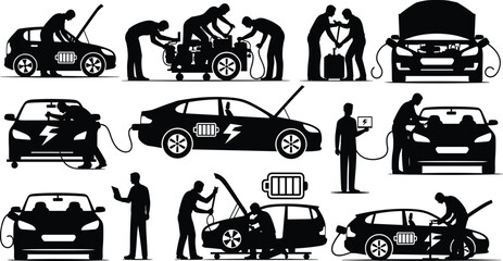 Electric, vehicle, maintenance, silhouette, charging, diagnostics, battery, cable, hood, tool, vector, black, pose, EV, infrastructure, setup, inspection, repair, technology, flavector