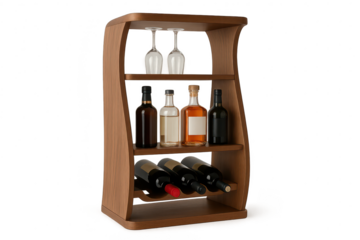 Bar cabinet with bottles and glasses, isolated on transparent background.