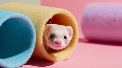 Cute ferret peeking out from colorful felt tubes in a playful setting