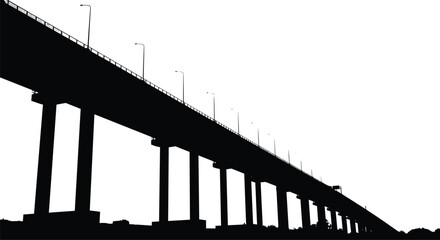 Bridge, elevated, silhouette, column, streetlight, structure, span, descent, terrain, vector, black, pose, architecture, engineering, support, transport, urban, setup, perspective, flavector
