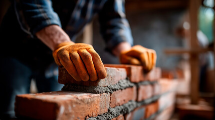 Faceless skilled building construction worker laying red bricks with protective work gloves defocused masonry wall background focusing on precise craftsmanship brick laying