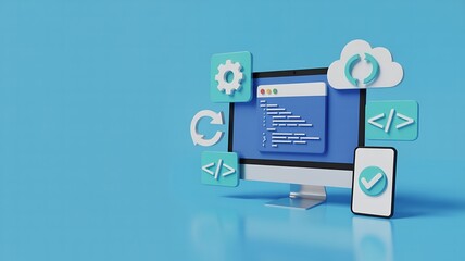 3D rendering of a computer and smartphone with software development icons representing coding programming and app development on a blue background