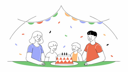 Family celebrates birthday with cake and decorations under a festive banner at a party setting
