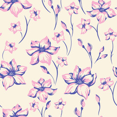 Seamless vector pattern with expressive brush style lilies in soft pink and deep violet on a warm cream background. Elegant floral design for textiles, stationery and decor