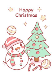 A cute christmas scene featuring a snowman christmas tree candy canes and decorative balls with stars above