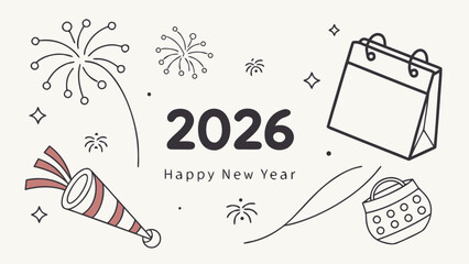 Illustration of happy new year 2026 with fireworks party horn calendar and gift bag celebration drawing