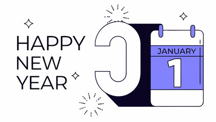 Happy new year greeting with calendar showing january first and celebratory fireworks design elements