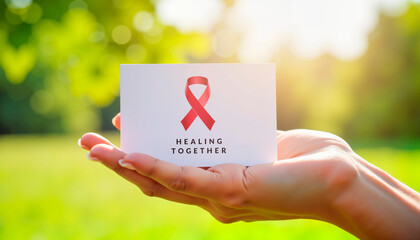 Hand holding card with healing message and red ribbon outdoors for Suicide Loss Day  