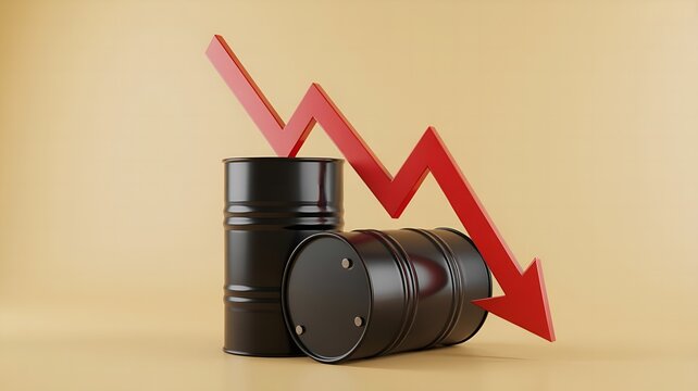 Oil barrels with a falling red arrow concept for declining oil prices economic recession and financial crisis