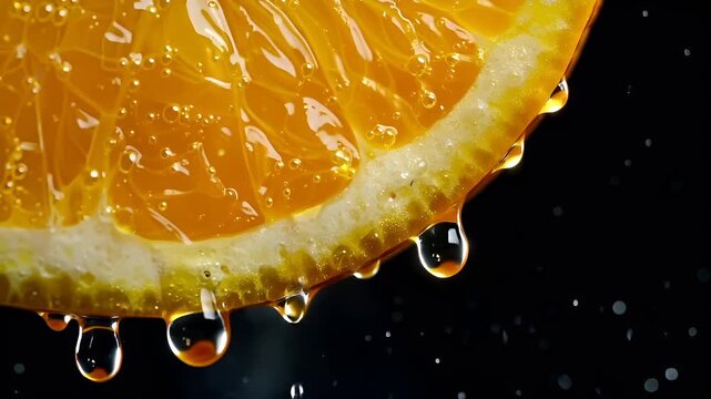 A closeup of a slice of orange with water droplets on it, set against a dark background. The orange slice is the main subject.