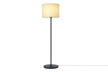 Modern floor lamp with glowing cylindrical shade, isolated on transparent background.