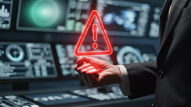 Cybersecurity Alert - A Hand Holding a Glowing Warning Symbol in a Tech Environment.