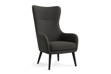 Elegant charcoal fabric high-back armchair isolated on a transparent background