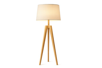 Modern wooden tripod floor lamp, illuminated, isolated on transparent background