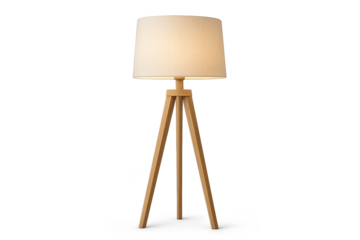 Elegant wooden tripod floor lamp, isolated on transparent background for easy use