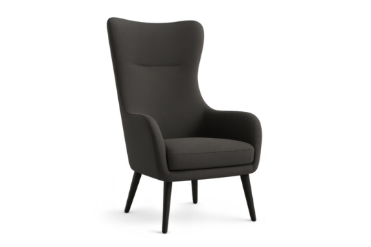 Elegant charcoal fabric high-back armchair isolated on a transparent background - Powered by Adobe