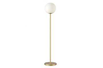 Modern gold floor lamp with spherical white shade, isolated on transparent background