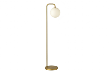 Modern golden floor lamp with globe shade isolated on transparent background.