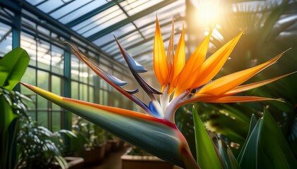 tropical greenhouse nurturing a vibrant strelitzia reginae plant with blooming bird of paradise flowers under gentle sunlight
