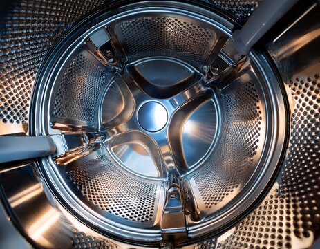 the inside of a washing machine drum is shown featuring a shiny metal surface and built in lights this drum design aims to enhance visibility during laundry tasks