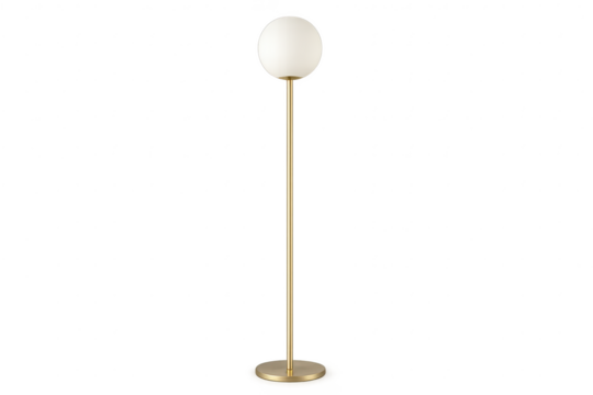 Modern gold floor lamp with spherical white shade, isolated on transparent background