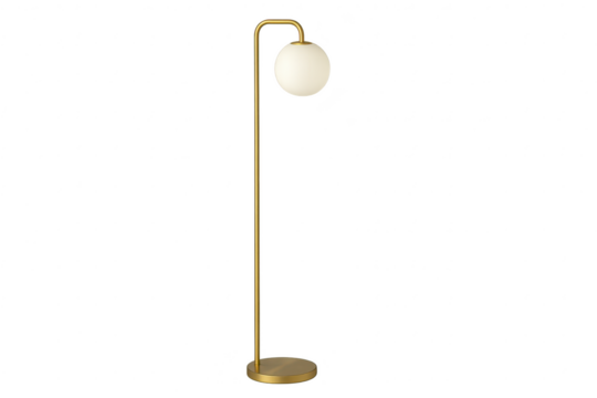 Modern golden floor lamp with globe shade isolated on transparent background.