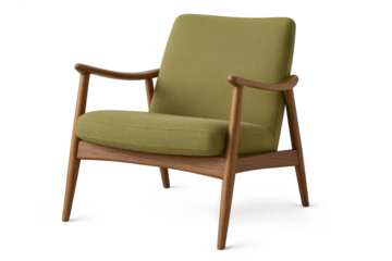Green fabric armchair, wooden frame, isolated on transparent background.