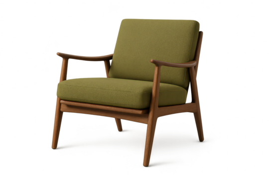 Green armchair with wood frame, isolated on transparent background. - Powered by Adobe