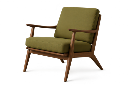 Comfortable mid-century modern olive green armchair, isolated on transparent background
