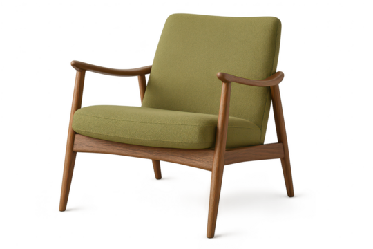 Green fabric armchair, wooden frame, isolated on transparent background.